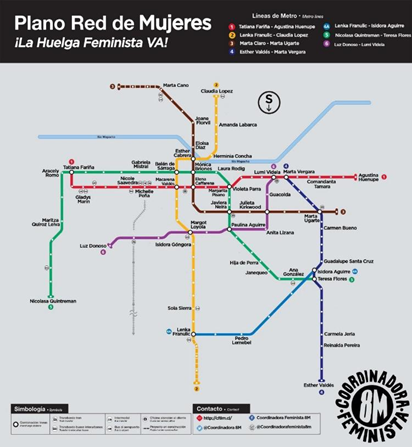 Plano del Metro de Santiago
intervenido en el “Súper Lunes” por Brigadas de Arte y Propaganda, Coordinadora
8M, previo a la Huelga Feminista (“En la previa al #8M…”, 2019)
