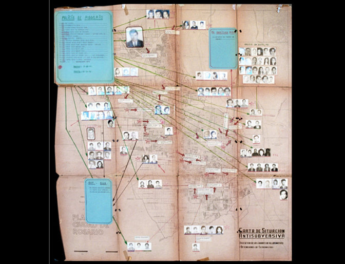 Mapa de Rosario
elaborado por el Jefe de policía de la ciudad, donde se señalan los domicilios
de militantes junto con sus fotografías y se incluyen anotaciones que agregan
información
