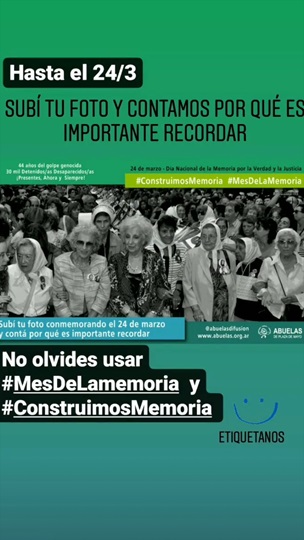 Imagen 1: Flyer de la convocatoria “Pañuelazo  blanco” divulgado en historias del Instagram oficial de Abuelas de Plaza de Mayo, 24 de marzo de 2020.