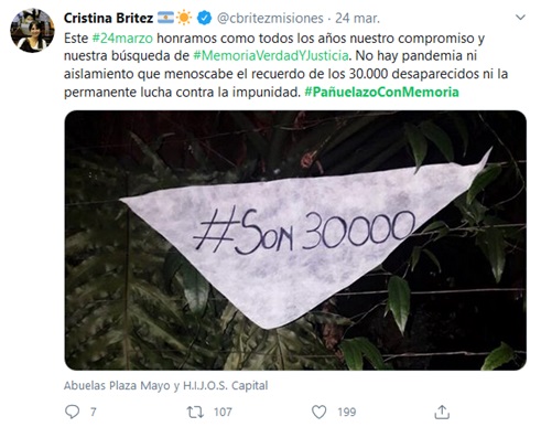 Imagen 4: Tuit personal.  Confección alegórica del pañuelo blanco, Campaña #PañuelazoConMemoria, captura  de pantalla, Twitter, 24 de marzo de  2020.