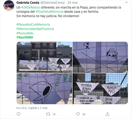 Imagen 5: Tuit personal.  Pañuelos intervenidos con consignas y dibujos de niñes para la Campaña  #PañuelazoConMemoria. Captura de pantalla, Twitter, 24 de marzo de 2020