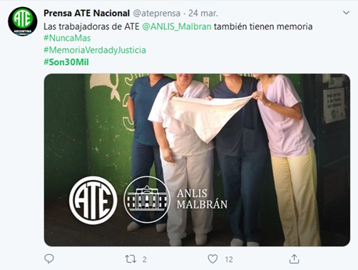 Imagen 7: Tuit de ATE  (Asociación Trabajadores del Estado), trabajadores de la Administración  Nacional de Laboratorios e Institutos de Salud "Dr. Carlos G.  Malbrán", campaña #PañuelazoConMemoria. Captura de pantalla, Twitter, 24 de marzo de 2020.