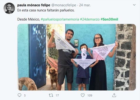 Imagen 8: Las redes  sociales permiten un flujo mayor de contacto y participación con quienes no se  encuentran en el país. Desde México se sumaron a la Campaña México, campaña  #PañuelazoConMemoria. Captura de pantalla, Twitter, 24 de marzo de 2020.