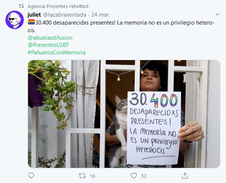 Imagen 9: Retuit de la  Agencia Presentes de un tuit personal. Visibilidad de la comunidad LGBT+  “30.400”, Campaña #PañuelazoConMemoria. Captura de pantalla, Twitter, 24 de marzo de 2020.