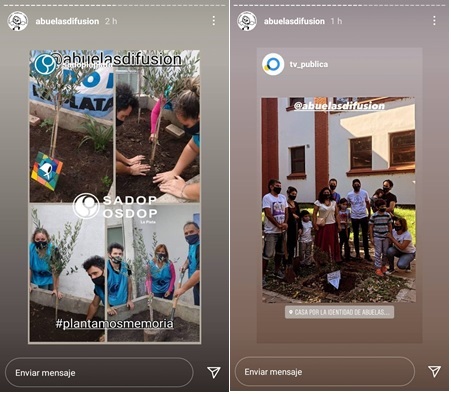 Imágenes 14, 15, 16 y 17: Abuelas de Plaza  de Mayo compartieron en sus historias las respuestas a la Campaña “Plantemos  Memoria” a través de registros fotográficos de las plantaciones. Abuelas  Difusión, captura de pantalla, Instagram,  24 de marzo de 2021.