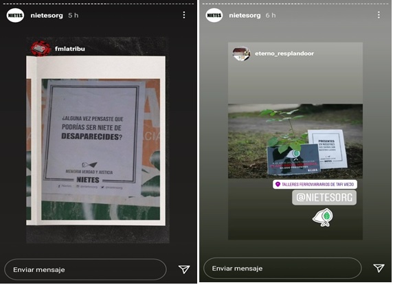 Imágenes 20 y 21: La organización Nietes también compartió en sus  historias la Campaña “Plantemos Memoria” a través de registros fotográficos de  las plantaciones, captura de pantalla, Instagram,  24 de marzo de 2021.