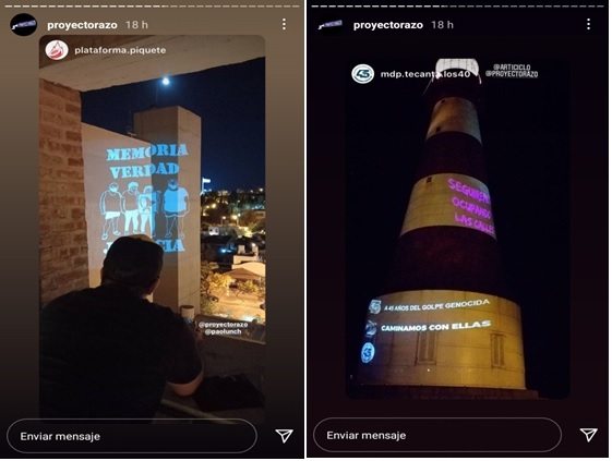 Imágenes 22 y 23: El perfil  Proyectorazo compartió en sus historias proyecciones en el espacio público  realizadas en diferentes ciudades del país, capturas de pantalla, Instagram, 24 de marzo de 2021.