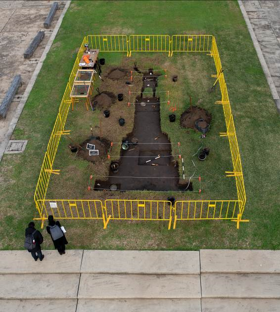 Shadow on the land, an excavation and bush
burial, 43.5' x 26.5' x 5.5', Nicholas Galanin, Bienal de Sydney, 2020, Cockatoo
Island, New South Wales, Australia